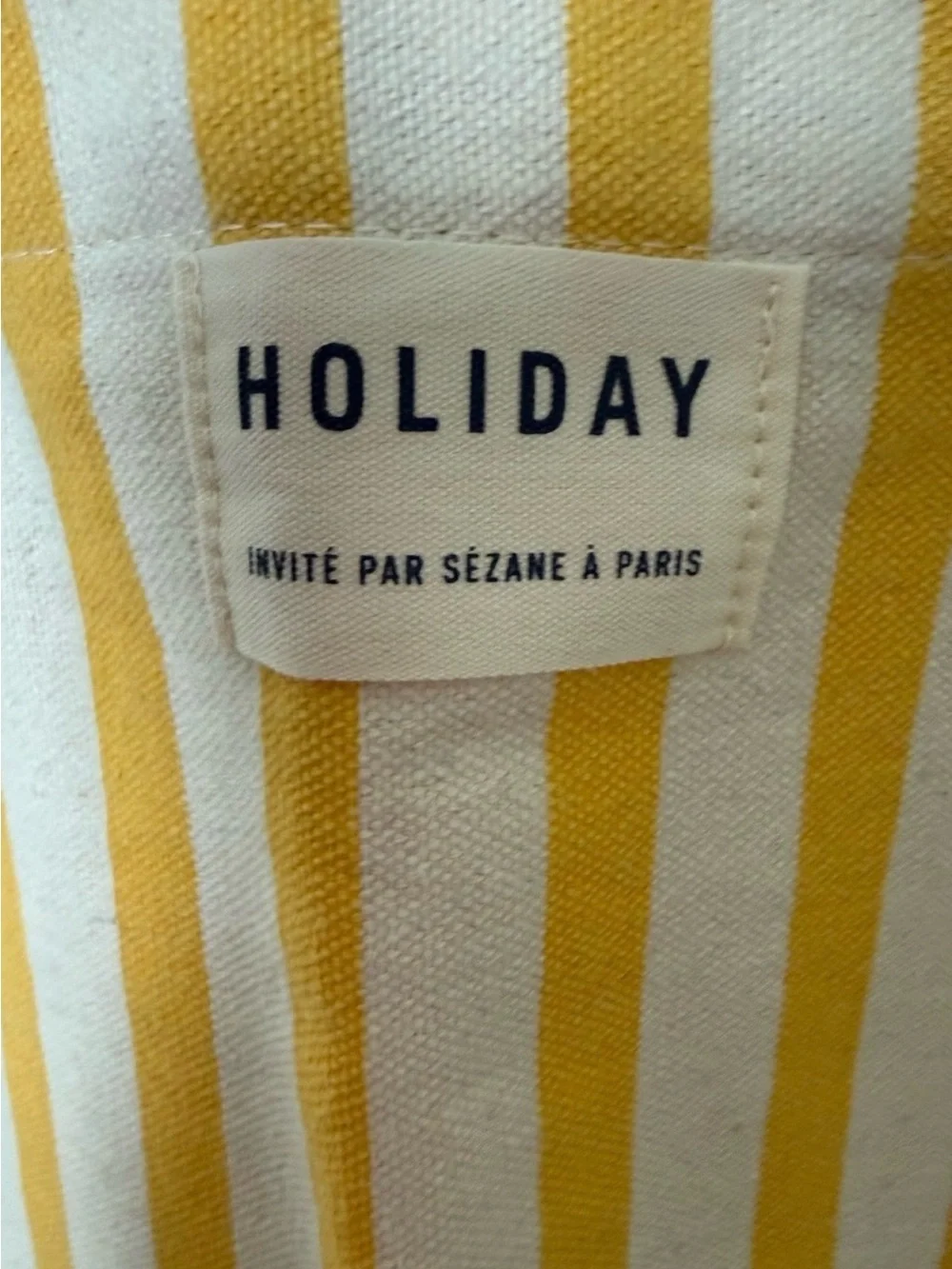 Sezane Yellow and White Striped Canvas Tote with Navy Logo